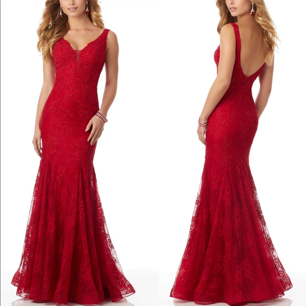 Mori Lee Red Lace Fit & Flare Dress - Picture 1 of 8